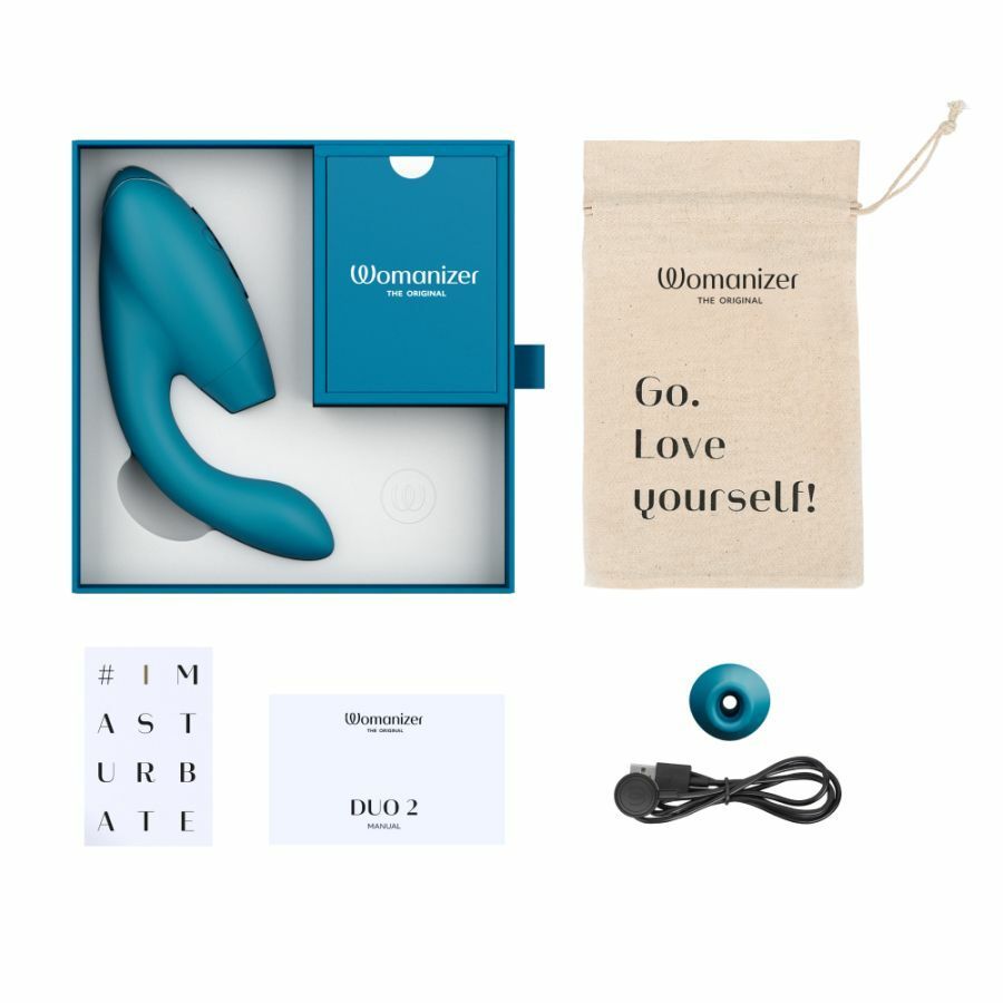 Womanizer DUO 2 雙重高潮按摩棒，10種震動與14種吸啜模式，防水設計。