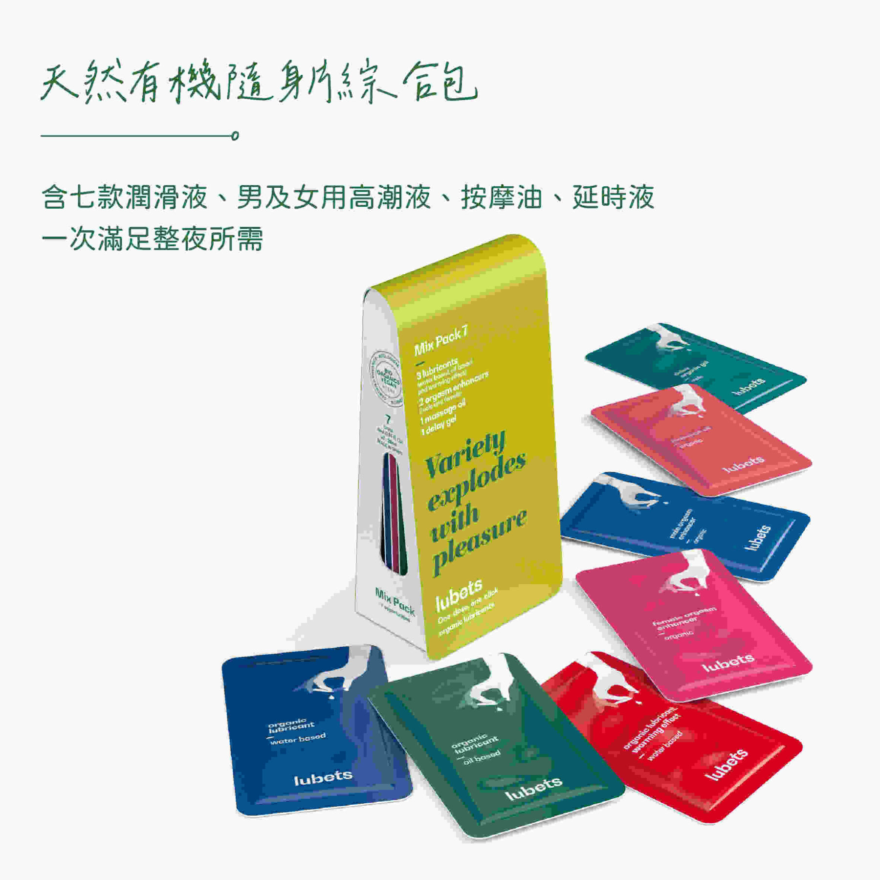 Lubets 天然有機隨身片綜合包，內含水性潤滑液、高潮提升液、延時凝膠等 7 片，西班牙製造，單片便攜。