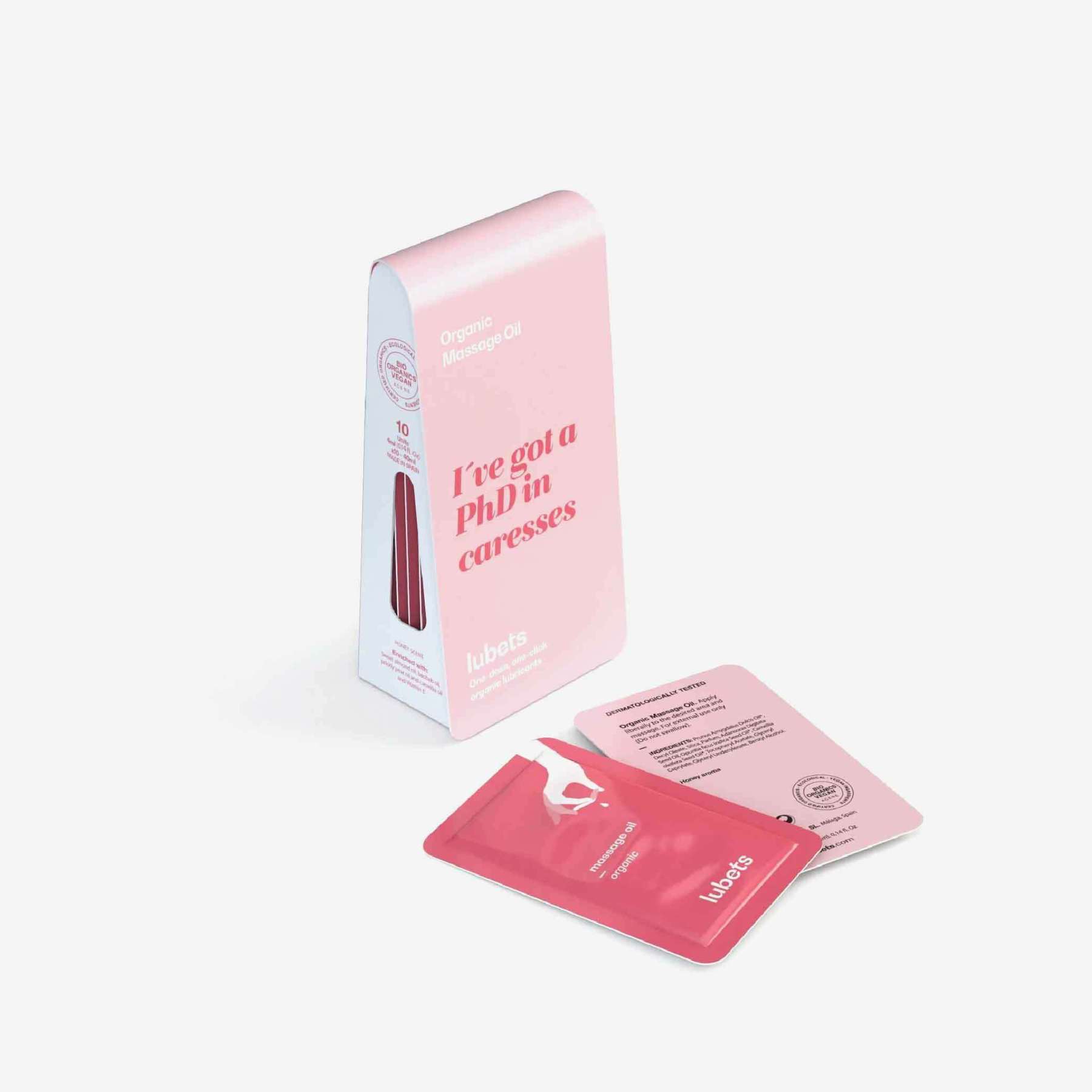 lubets 天然有機暖感按摩油，西班牙製造，單片包裝設計，富含甜杏仁油與猴麵包樹油，呵護肌膚並增添情趣。