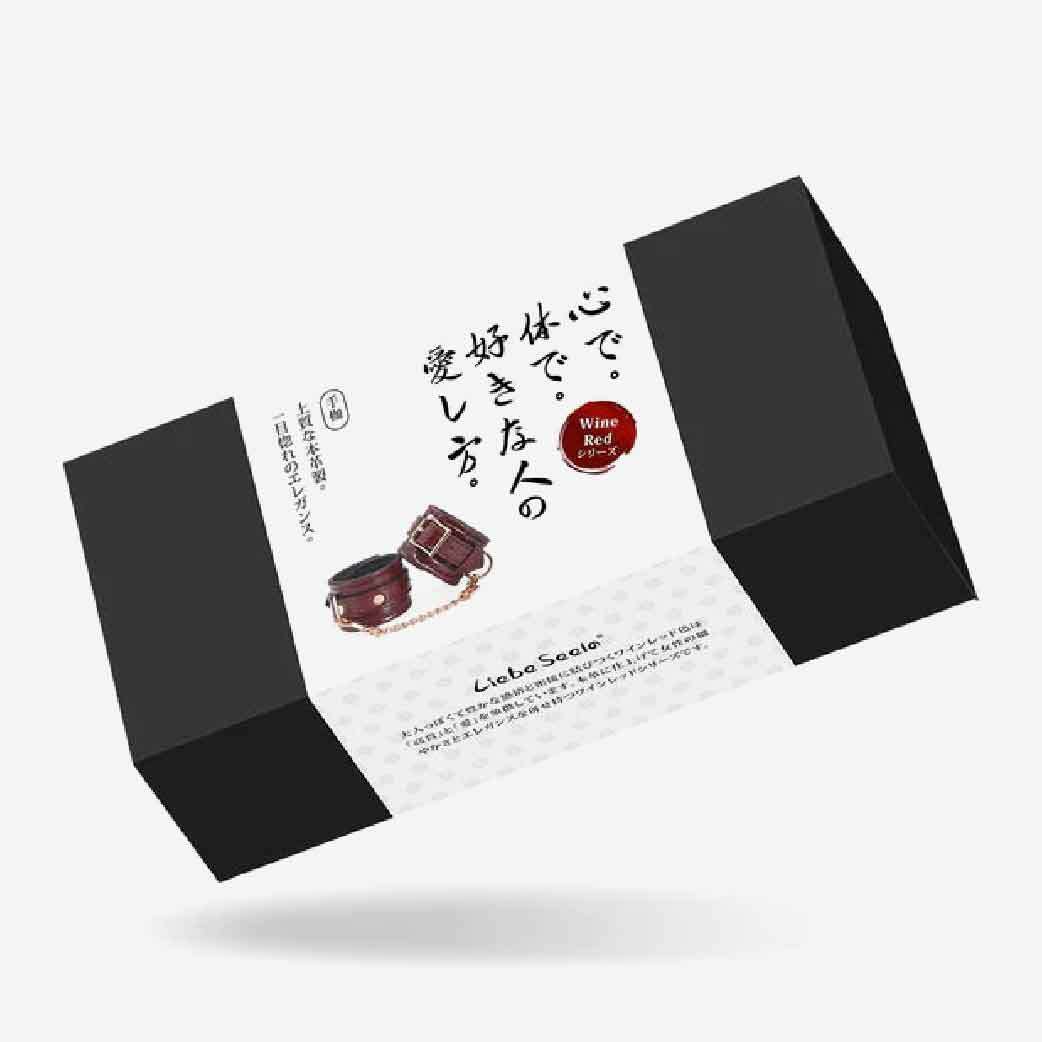 Liebe Seele 酒紅色皮革手銬，優質牛皮與玫瑰金金屬設計，舒適羊皮內襯，適合BDSM使用。