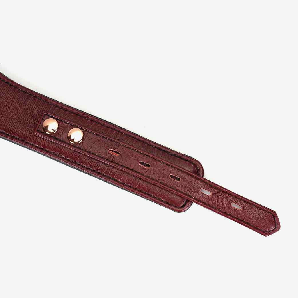 高級皮革 BDSM 頸圈，酒紅色牛皮設計，9段可調節孔位，搭配玫瑰金金屬鎖扣與牽帶，增添束縛快感。