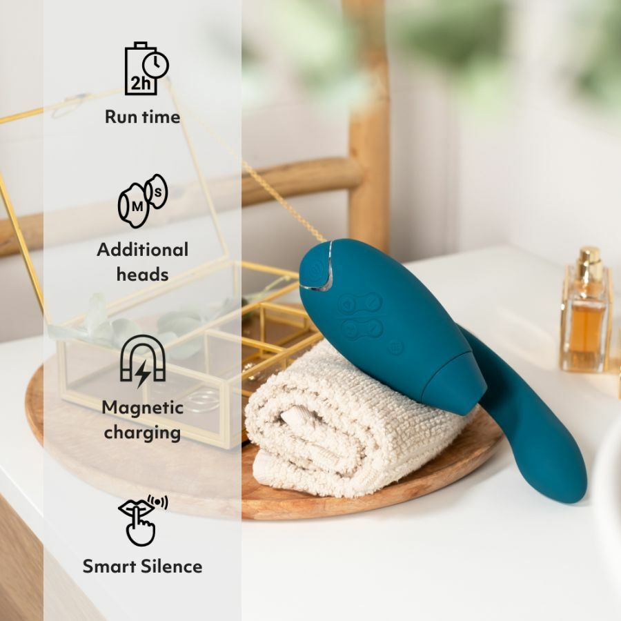 Womanizer DUO 2 雙重高潮按摩棒，10種震動與14種吸啜模式，防水設計。