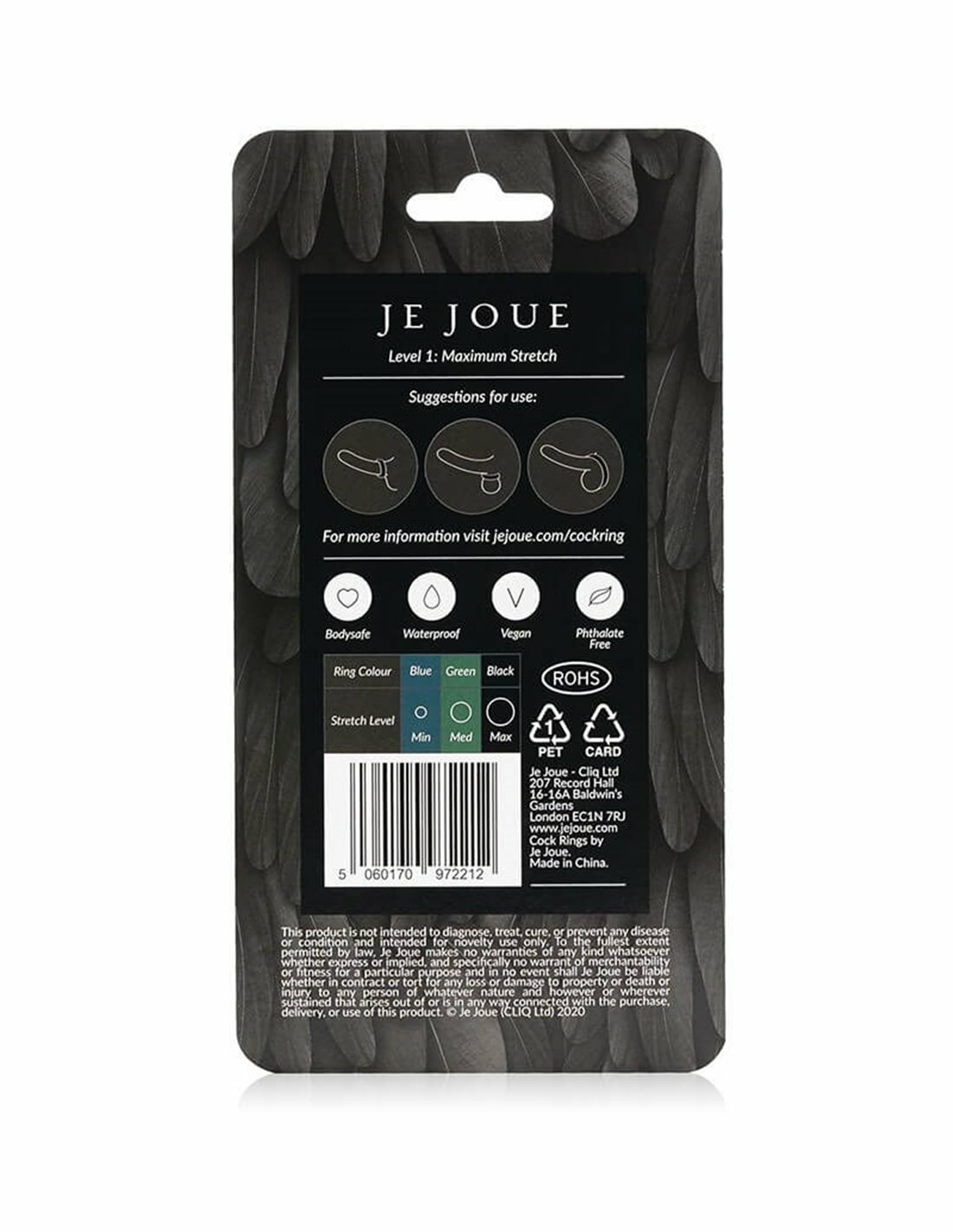 Je Joue 黑色 Level 1 陰莖環，矽膠製，未拉伸直徑1.25吋，拉伸直徑8吋，舒適提升親密體驗