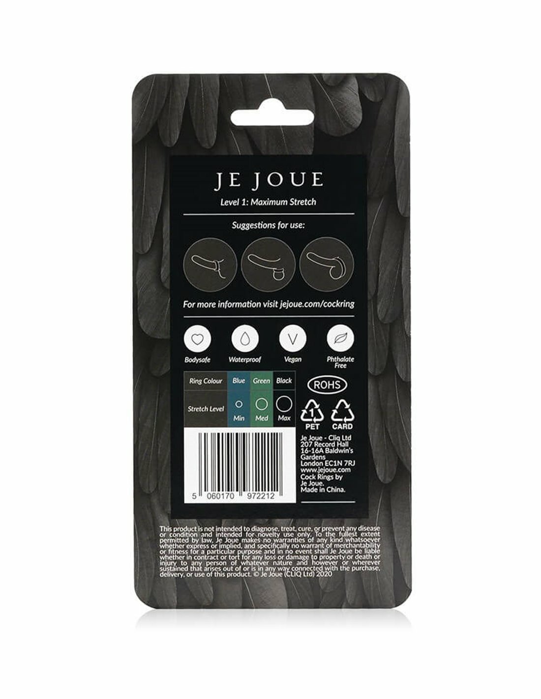Je Joue 黑色 Level 1 陰莖環，矽膠製，未拉伸直徑1.25吋，拉伸直徑8吋，舒適提升親密體驗
