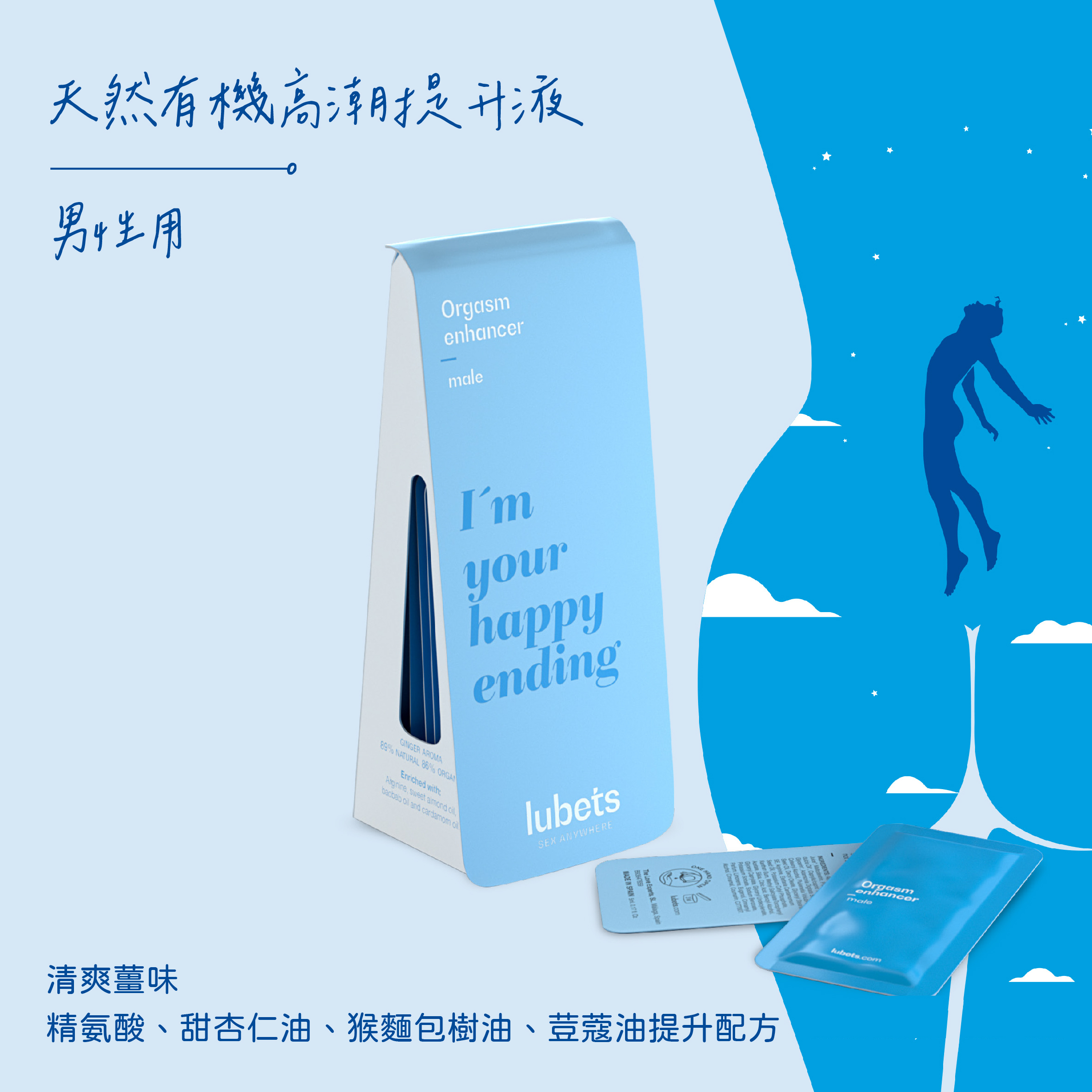 Lubets 天然有機男士高潮提升液，4ml 單片裝，增強快感與性慾，提升高潮強度，pH 親膚配方，適合敏感肌膚。