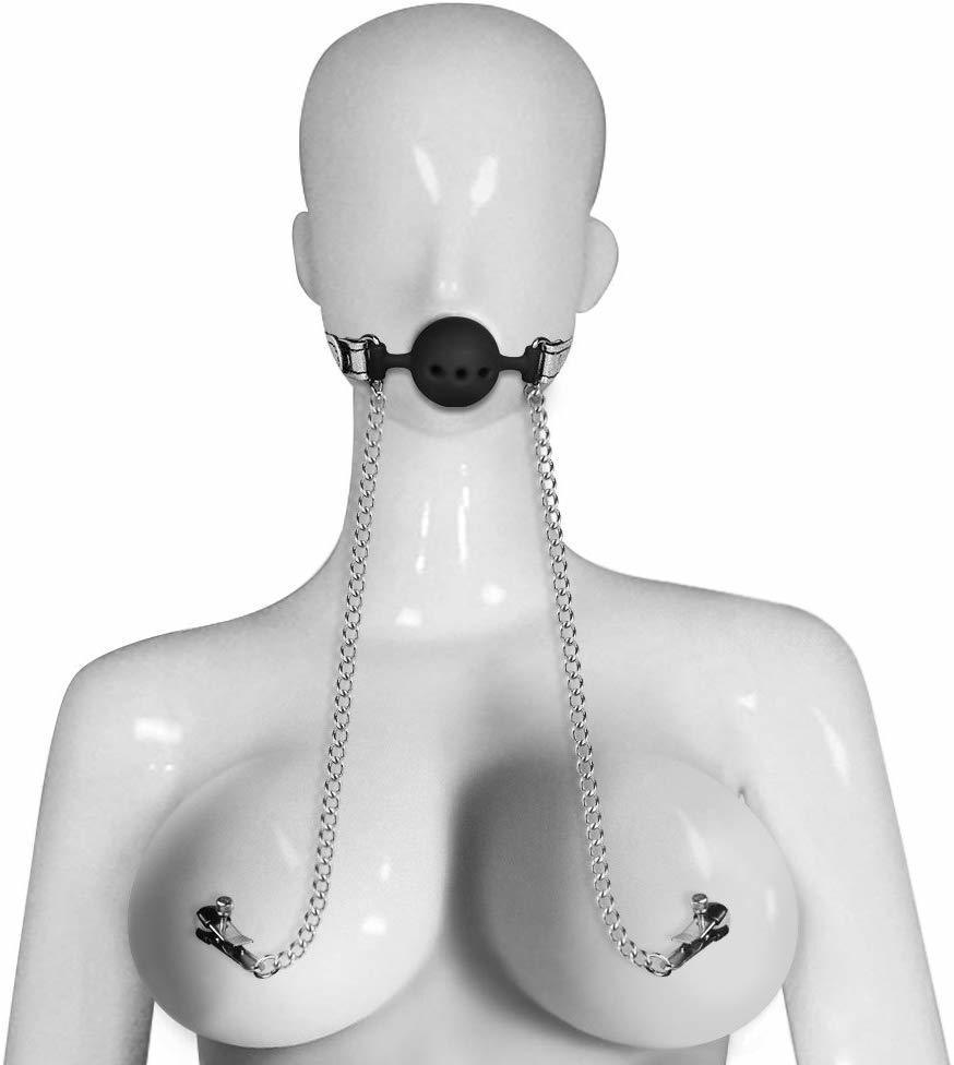 Lovetoy 口球塞乳頭鏈夾 銀色