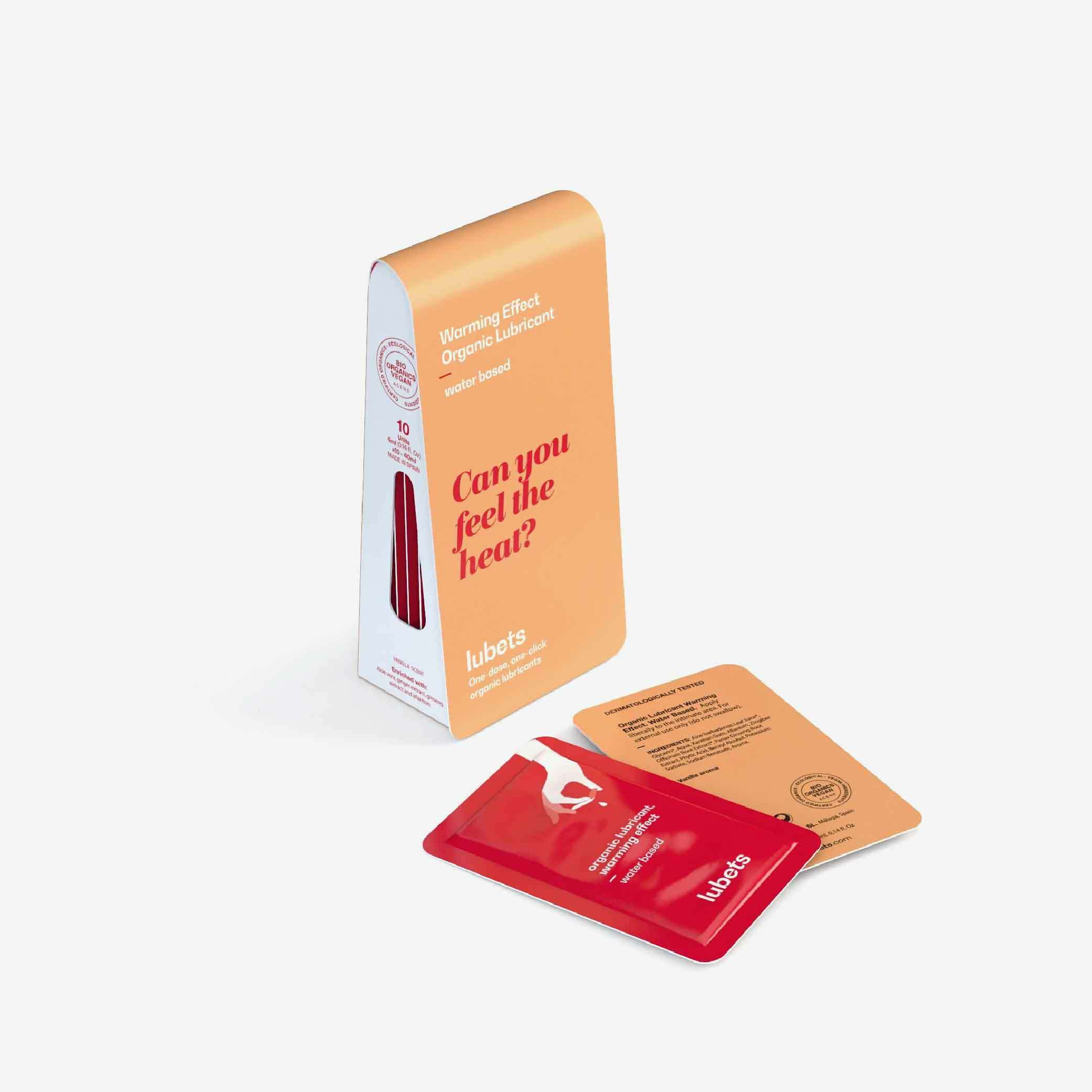 Lubets 天然有機溫感水性潤滑液，含薑類溫感配方，帶來溫暖刺激感，pH 親膚，10 片隨身包，西班牙製造。