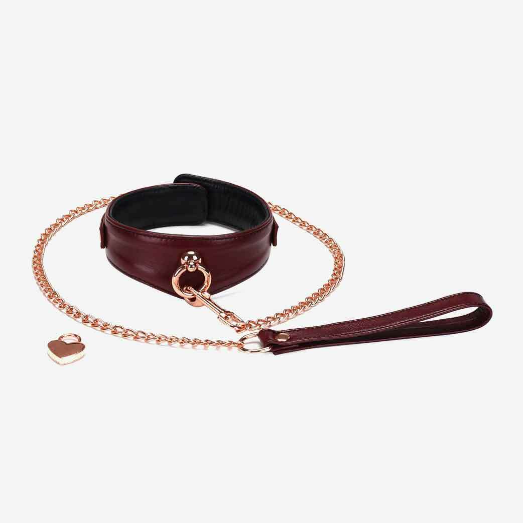 Liebe Seele 酒紅色真皮頸圈，搭配玫瑰金鎖扣與O形環，附42英寸牽帶，打造奢華 BDSM 束縛體驗。