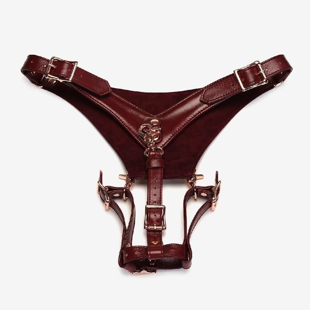 高級 BDSM 穿戴褲連貞操帶，酒紅色牛皮搭配玫瑰金金屬，按扣式可調設計，適合各種體型與玩法。