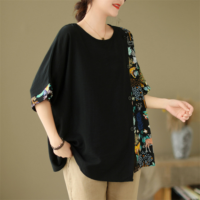 夏のコットンリネン半袖Tシャツ