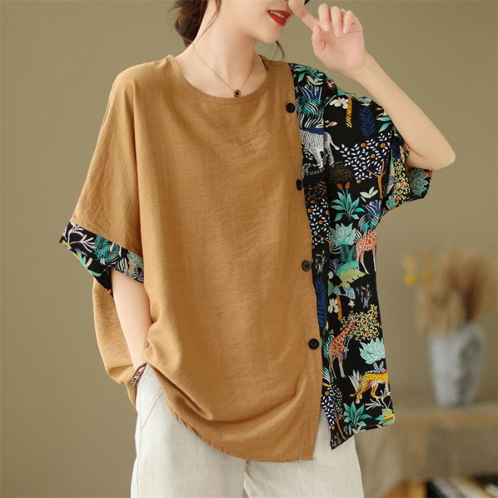 夏のコットンリネン半袖Tシャツ