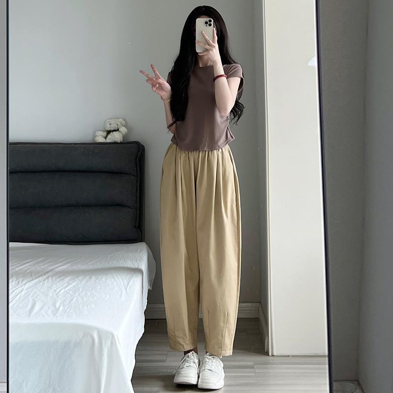 工裝泡泡褲女夏季高腰小號休閒褲寬鬆哈倫褲九分老爹水洗蘿蔔褲