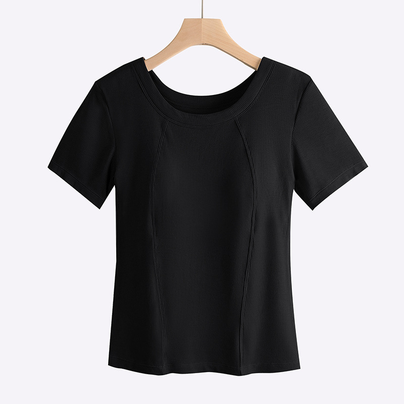 莫代爾螺紋短袖墊肩T卹女夏季薄款無胸罩大碼耐磨上衣
