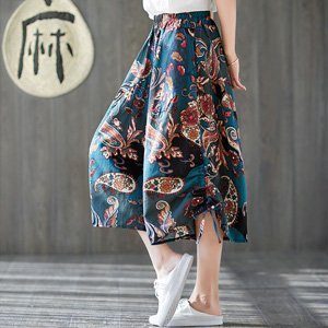 女阔腿裤 大碼寬鬆休閒燈籠褲 棉麻印花鬆緊腰短款