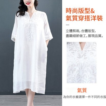 夏季新款棉麻刺繡復古文藝大尺碼寬鬆顯瘦中長洋裝女
