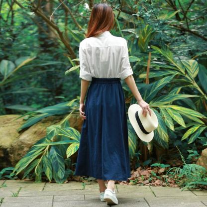 亞麻裙學生夏季百褶裙文藝復古長裙中長款高腰半身裙半身裙棉麻長裙