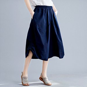 女阔腿裤 大碼寬鬆休閒燈籠褲 棉麻印花鬆緊腰短款