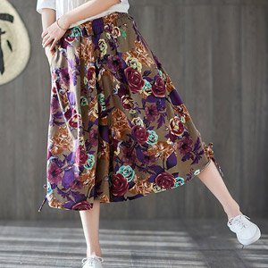 女阔腿裤 大碼寬鬆休閒燈籠褲 棉麻印花鬆緊腰短款