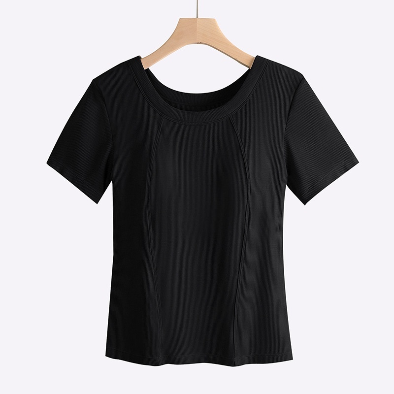 莫代爾螺紋短袖墊肩T卹女夏季薄款無胸罩大碼耐磨上衣