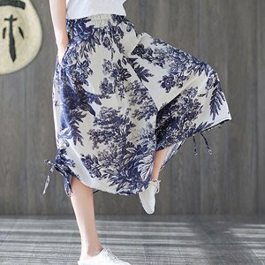 女阔腿裤 大碼寬鬆休閒燈籠褲 棉麻印花鬆緊腰短款