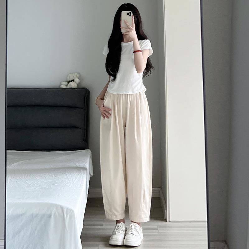 工裝泡泡褲女夏季高腰小號休閒褲寬鬆哈倫褲九分老爹水洗蘿蔔褲