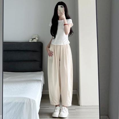 工裝泡泡褲女夏季高腰小號休閒褲寬鬆哈倫褲九分老爹水洗蘿蔔褲