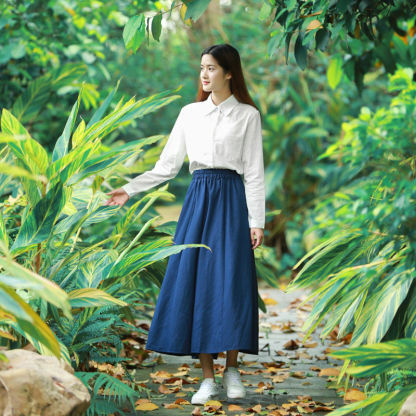 亞麻裙學生夏季百褶裙文藝復古長裙中長款高腰半身裙半身裙棉麻長裙