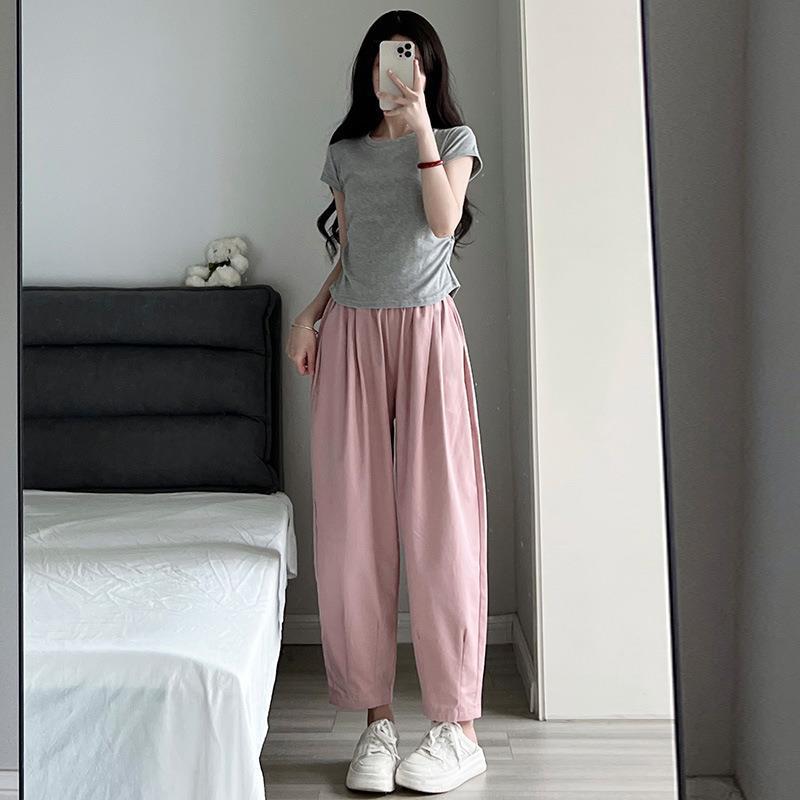 工裝泡泡褲女夏季高腰小號休閒褲寬鬆哈倫褲九分老爹水洗蘿蔔褲