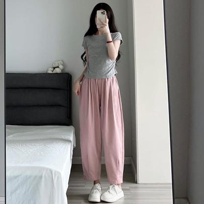 工裝泡泡褲女夏季高腰小號休閒褲寬鬆哈倫褲九分老爹水洗蘿蔔褲