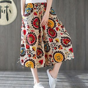 女阔腿裤 大碼寬鬆休閒燈籠褲 棉麻印花鬆緊腰短款