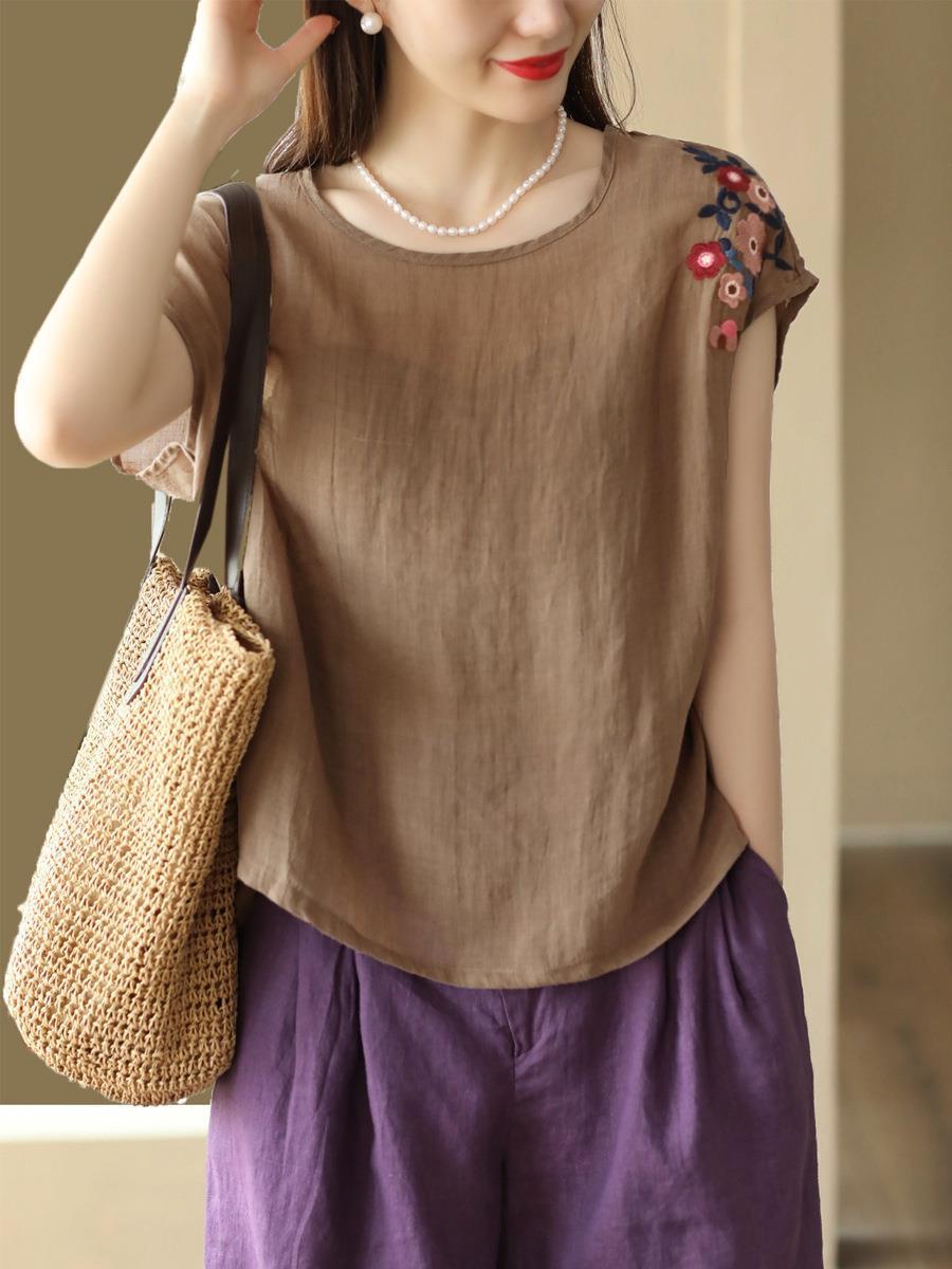 夏季新款文藝復古百支細苧麻上衣刺繡襯衫寬鬆無袖背心