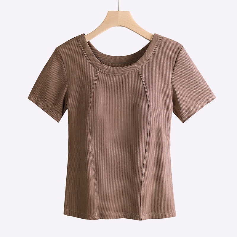 莫代爾螺紋短袖墊肩T卹女夏季薄款無胸罩大碼耐磨上衣