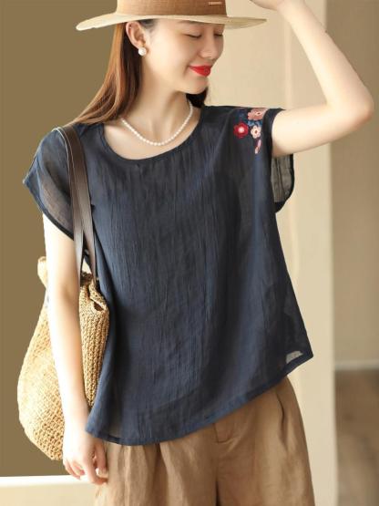 夏季新款文藝復古百支細苧麻上衣刺繡襯衫寬鬆無袖背心