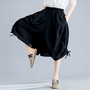 女阔腿裤 大碼寬鬆休閒燈籠褲 棉麻印花鬆緊腰短款