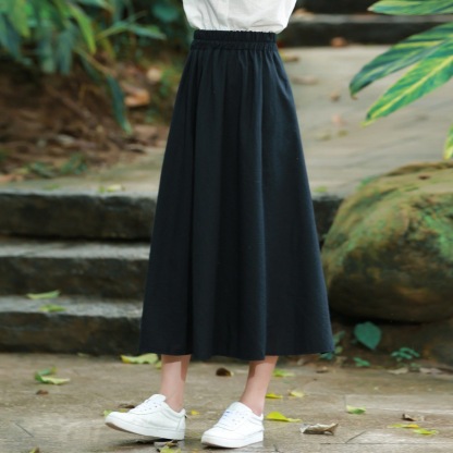 亞麻裙學生夏季百褶裙文藝復古長裙中長款高腰半身裙半身裙棉麻長裙