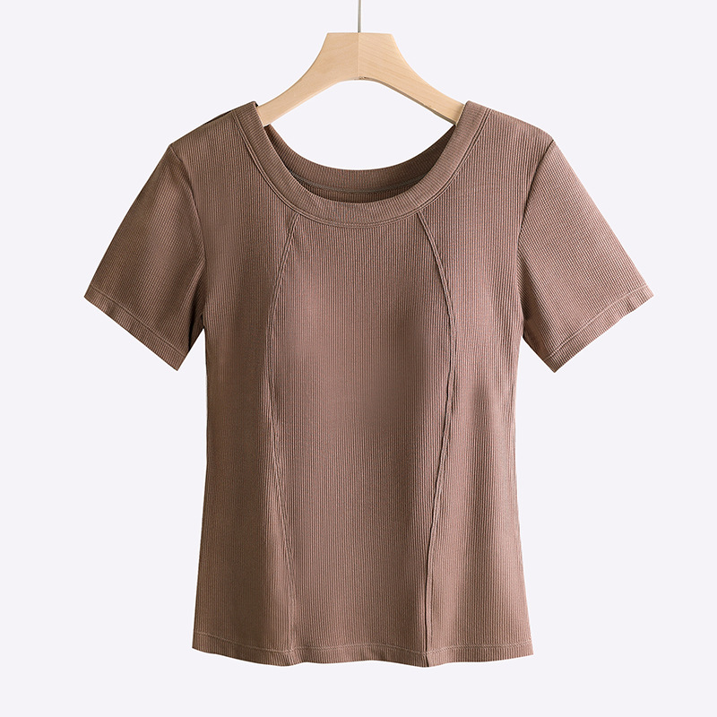 莫代爾螺紋短袖墊肩T卹女夏季薄款無胸罩大碼耐磨上衣