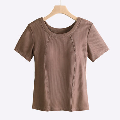 莫代爾螺紋短袖墊肩T卹女夏季薄款無胸罩大碼耐磨上衣