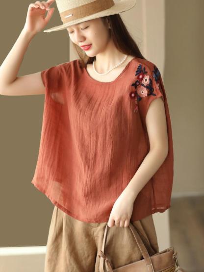 夏季新款文藝復古百支細苧麻上衣刺繡襯衫寬鬆無袖背心
