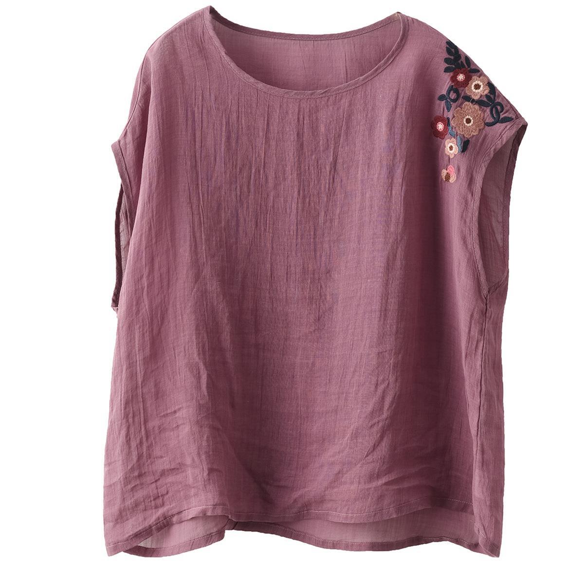 夏季新款文藝復古百支細苧麻上衣刺繡襯衫寬鬆無袖背心