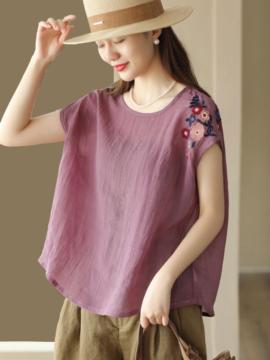 夏季新款文藝復古百支細苧麻上衣刺繡襯衫寬鬆無袖背心