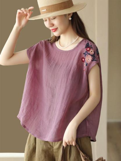夏季新款文藝復古百支細苧麻上衣刺繡襯衫寬鬆無袖背心