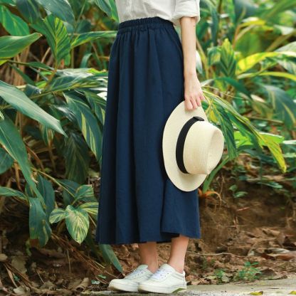 亞麻裙學生夏季百褶裙文藝復古長裙中長款高腰半身裙半身裙棉麻長裙