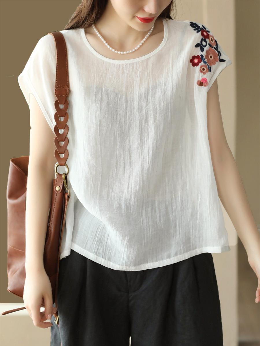 夏季新款文藝復古百支細苧麻上衣刺繡襯衫寬鬆無袖背心