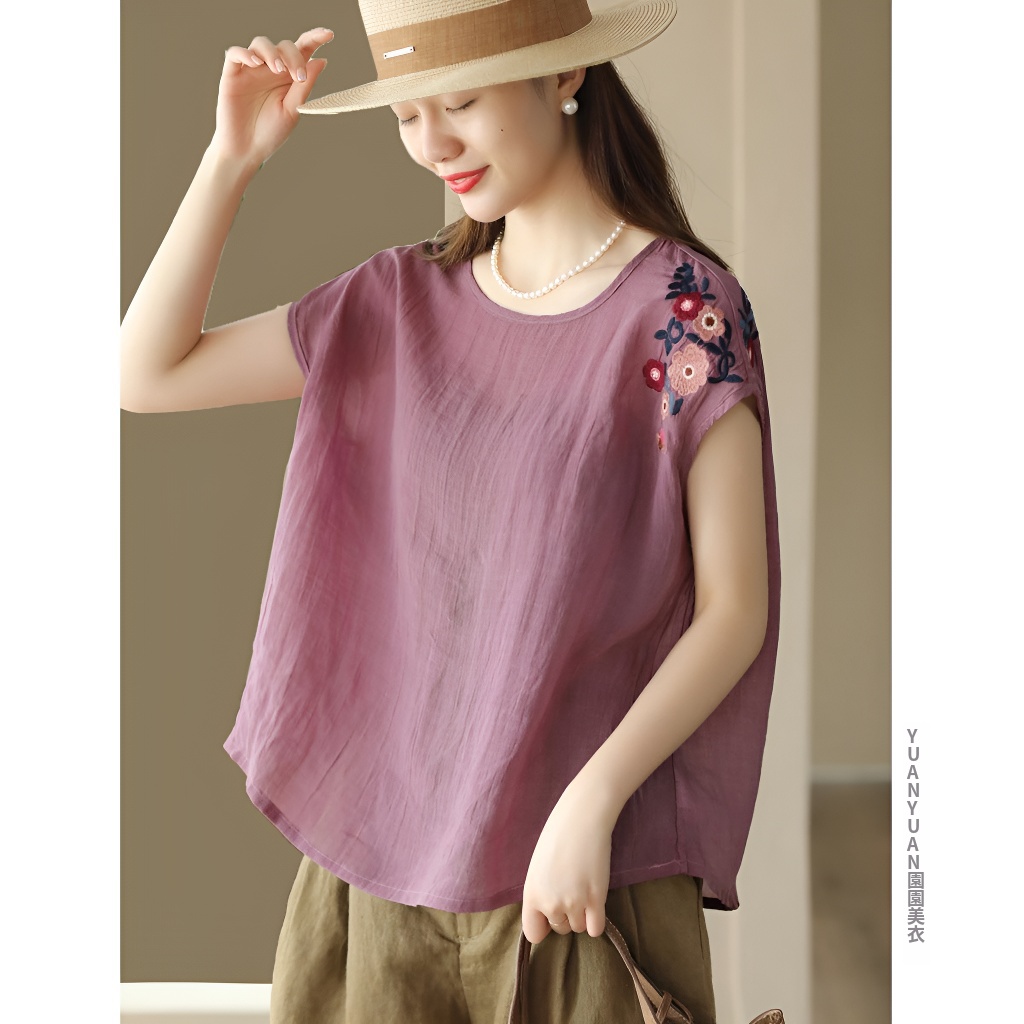 夏季新款文藝復古百支細苧麻上衣刺繡襯衫寬鬆無袖背心