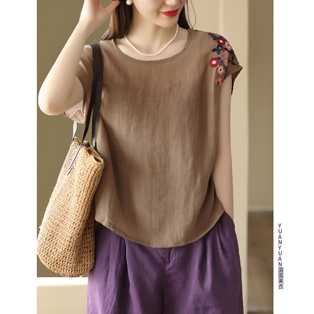 夏季新款文藝復古百支細苧麻上衣刺繡襯衫寬鬆無袖背心