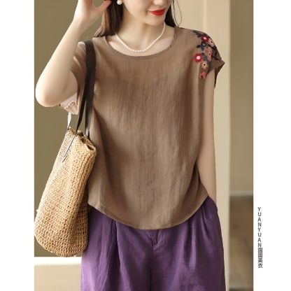 夏季新款文藝復古百支細苧麻上衣刺繡襯衫寬鬆無袖背心