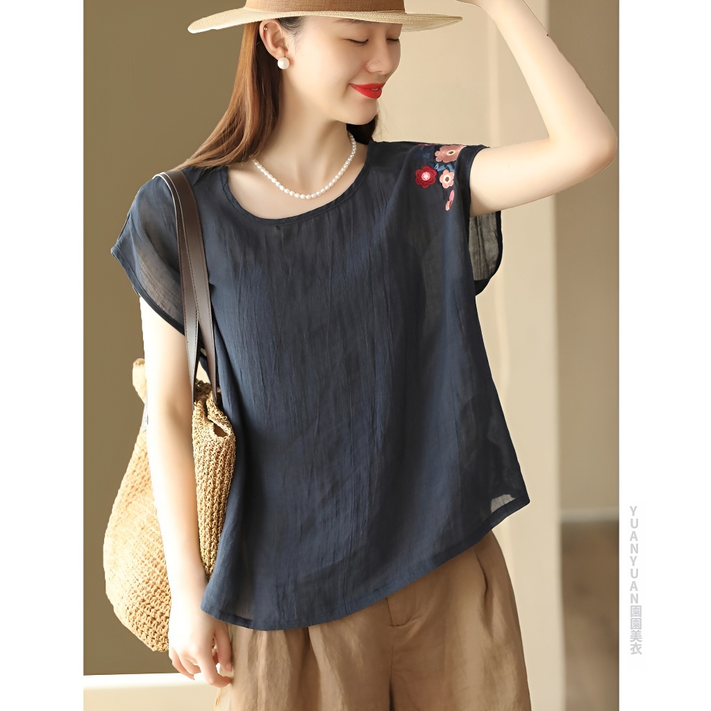 夏季新款文藝復古百支細苧麻上衣刺繡襯衫寬鬆無袖背心