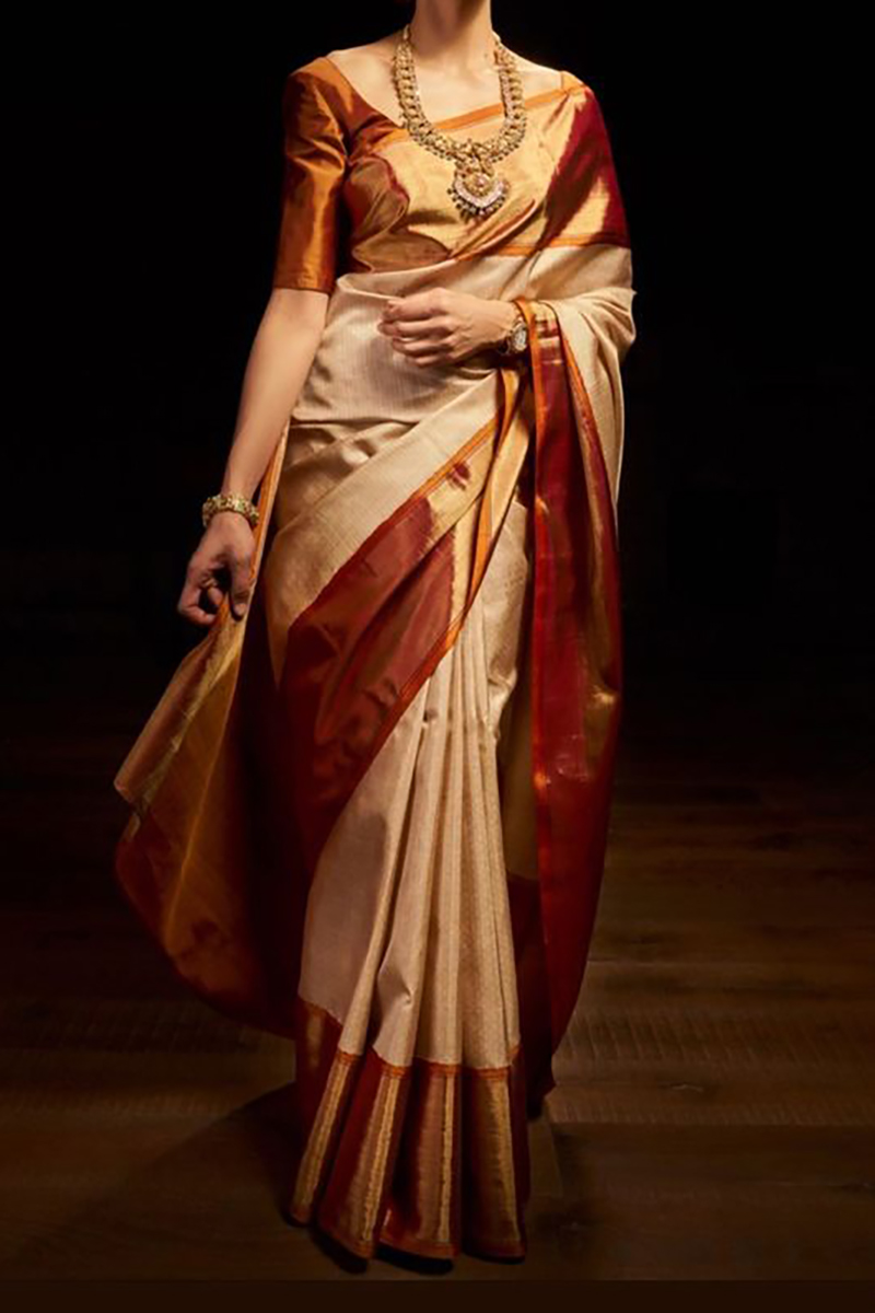 Cream-red Soft Silk Banarasi Style Saree
