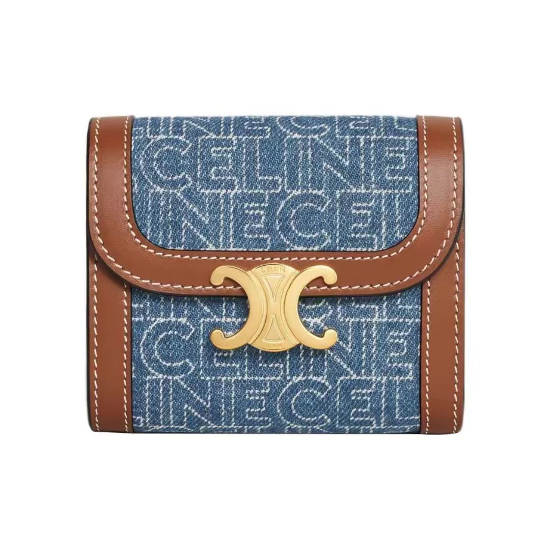 スモールウォレット トリオンフ / 全面CELINEプリント テキスタイル かいぐんブルー / タン