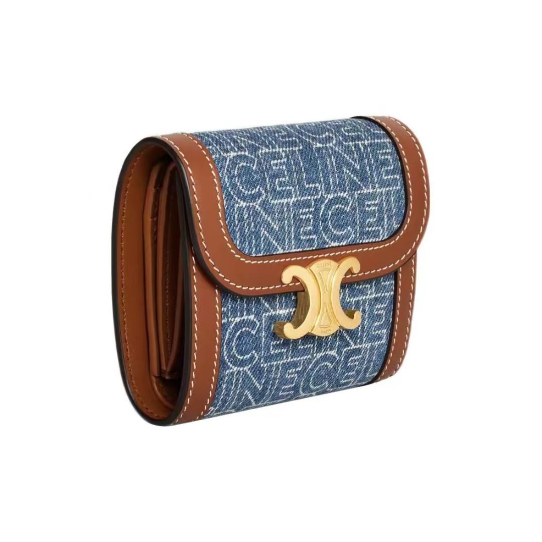 スモールウォレット トリオンフ / 全面CELINEプリント テキスタイル かいぐんブルー / タン